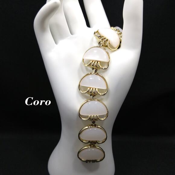 Coro White Moonglow Lucite Half Moon Bracelet, Gold Plated, 1950s Vintage - Picture 1 of 10